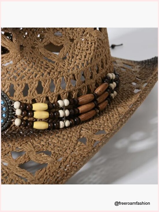 Straw Cowboy Hat Wide Brim Western Summer Sun Hat Breathable Lightweight
